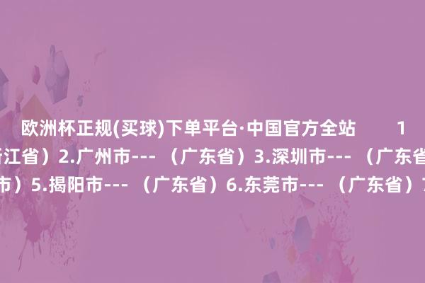 欧洲杯正规(买球)下单平台·中国官方全站        1.金华（义乌）市--- （浙江省）2.广州市--- （广东省）3.深圳市--- （广东省）4.上海市--- （直辖市）5.揭阳市--- （广东省）6.东莞市--- （广东省）7.杭州市--- （浙江省）8.汕头市--- （广东省）9.苏州市--- （江苏省）10.成齐市--- （四川省）        11.泉州市--- （福建省）12.长